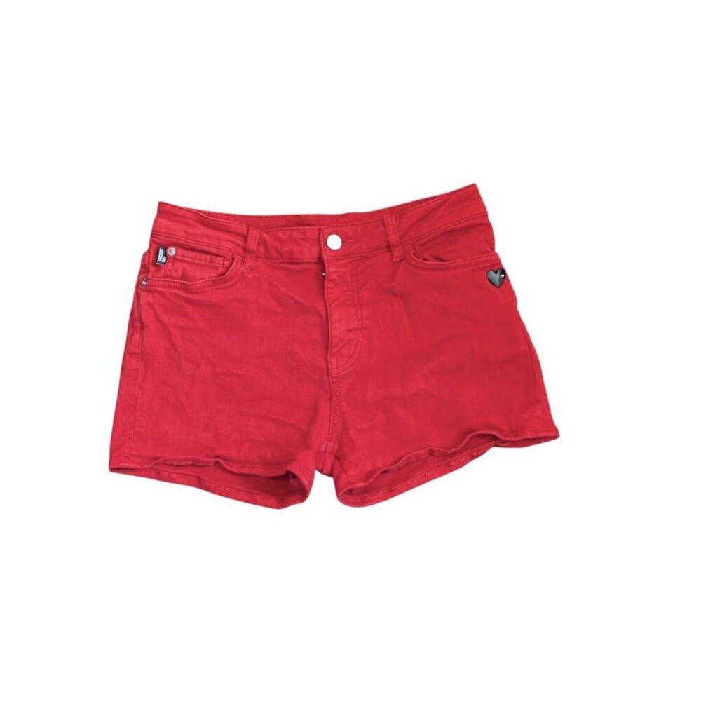 Love Moschino Coquette Crimson Red Stretch Denim Heart Shorts, W26